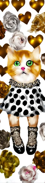 Cat bookmarks featuring a cat in a polka dot skirt with copper hearts